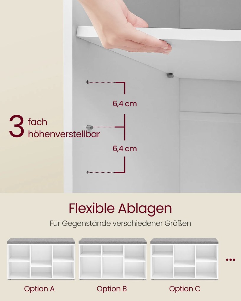 Banco para sapatos com 6 compartimentos e 3 prateleiras 30,3 x 87 x 48 cm Cinzento-branco