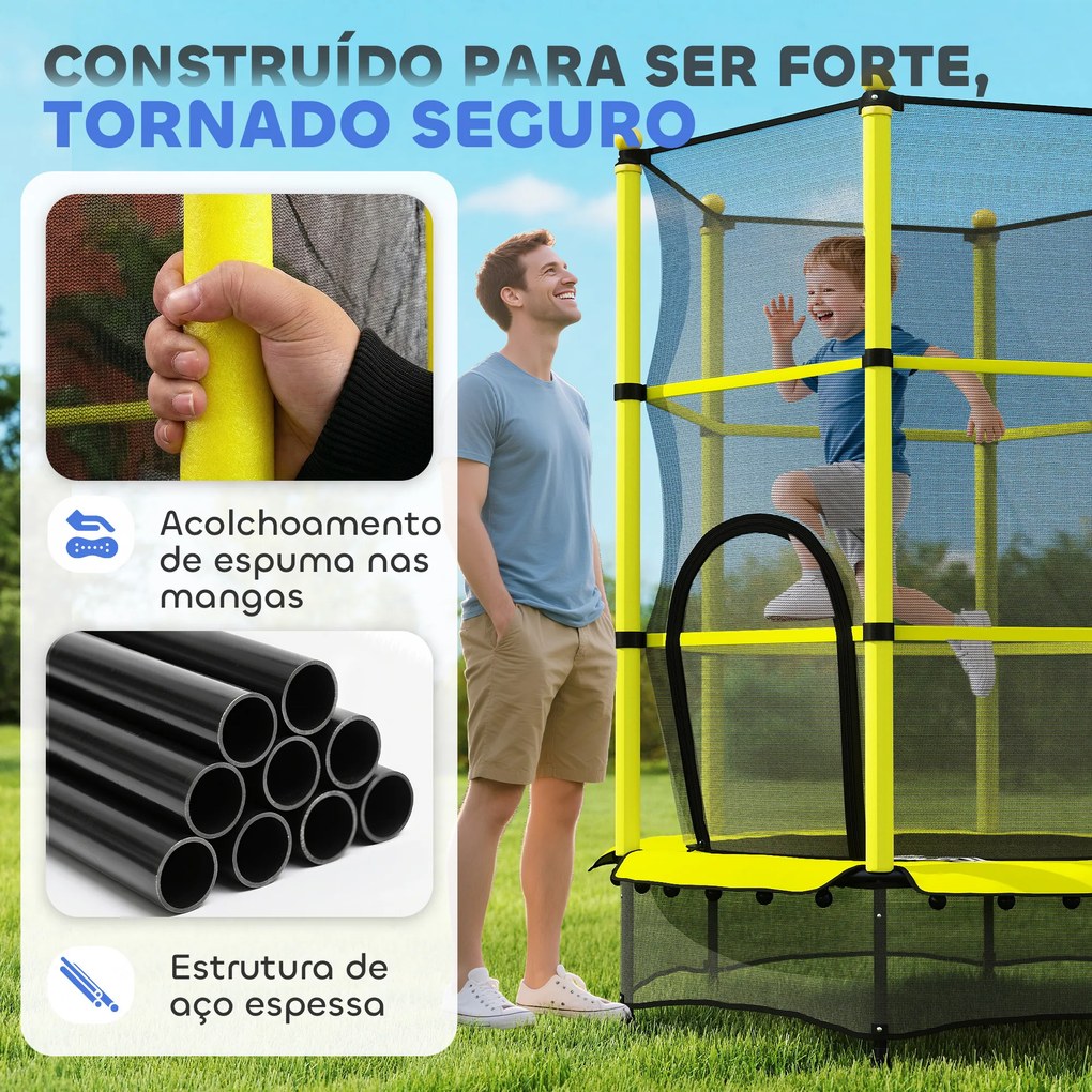 Cama Elástica Infantil Ø140 cm para Crianças dos 3-10 Anos com Rede de Segurança Suporta até 50 kg para Interior e Exterior Amarelo