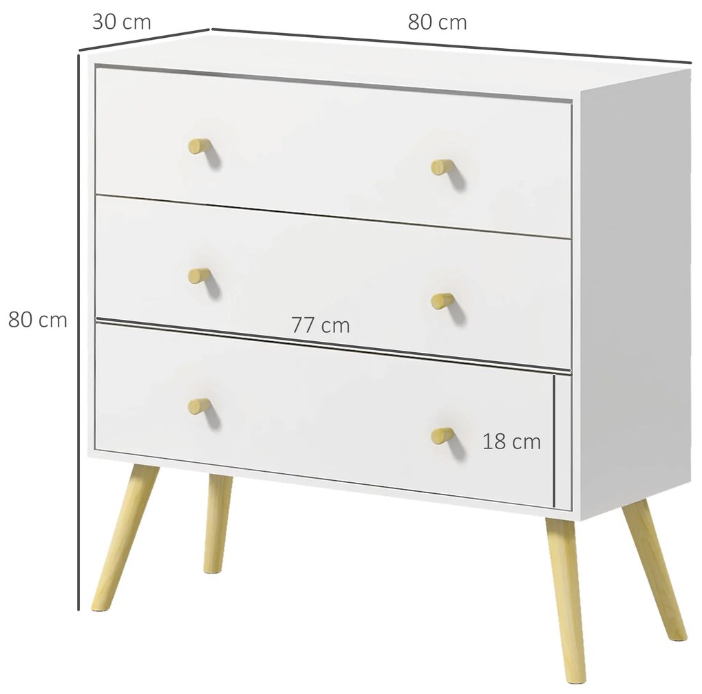 Cómoda com 3 Gavetas com Pés de Madeira de Pinho para Sala de Estar Escritório 80x30x80 cm Branco e Madeira
