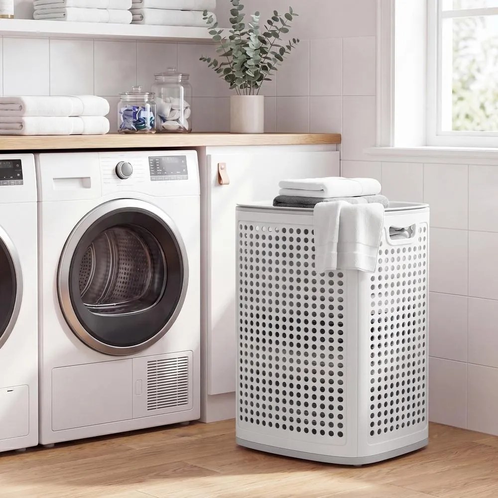 Cesto de roupa suja em plástico, cesto de 75 L, 42,5 x 33 x 57 cm branco-cinzento