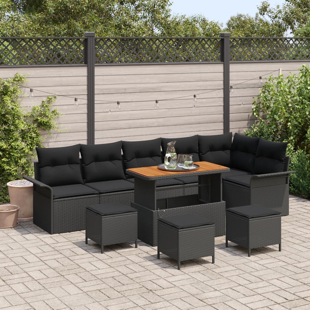 Conjunto de Sofá para Jardim vidaXL com 10 Peças e Almofadas Preto de