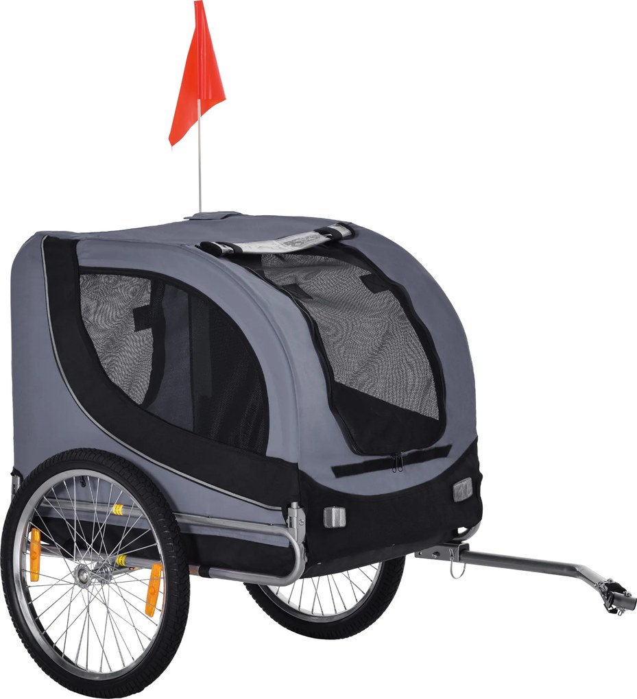 PawHut Reboque para Bicicleta de Cães Tamanho Médio com Janelas Laterais e Bandeirinha, 130x73x90 cm, Cinza e Preto | Aosom Portugal