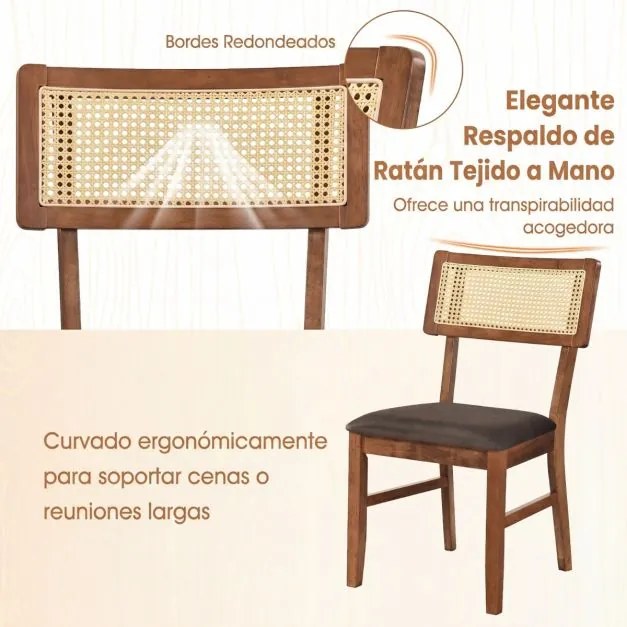 Conjunto de 2 cadeiras jantar estofadas com encosto em rattan tecido (MESA NÃO INCLUIDA), Estrutura em madeira de borracha Cor de nogueira e Castanho