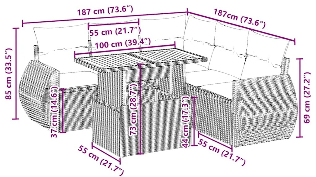 6 pcs conjunto de sofás p/ jardim com almofadões vime PE bege