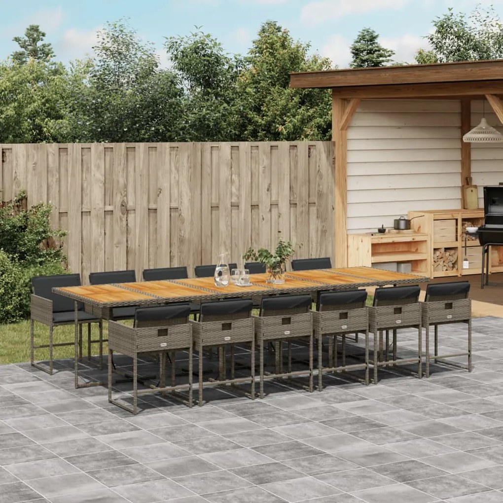 13 pcs conjunto jantar p/ jardim c/ almofadões vime PE cinzento