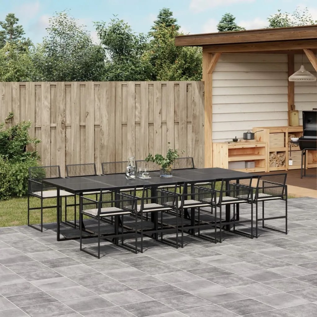 vidaXL 11 pcs conjunto de jantar p/ jardim c/ almofadões vime PE preto