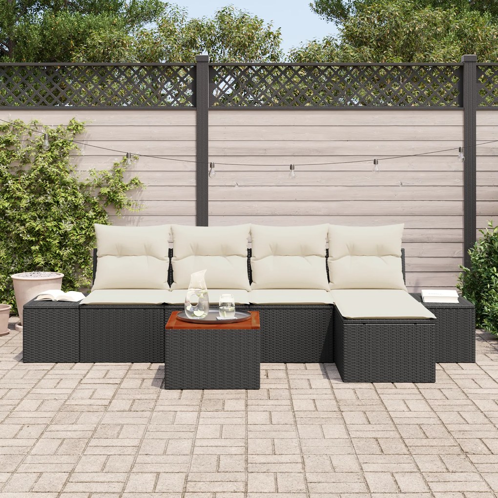 Conjunto de Sofá de Jardim de 6 Peças com Almofadas Pretas de Poly Rat