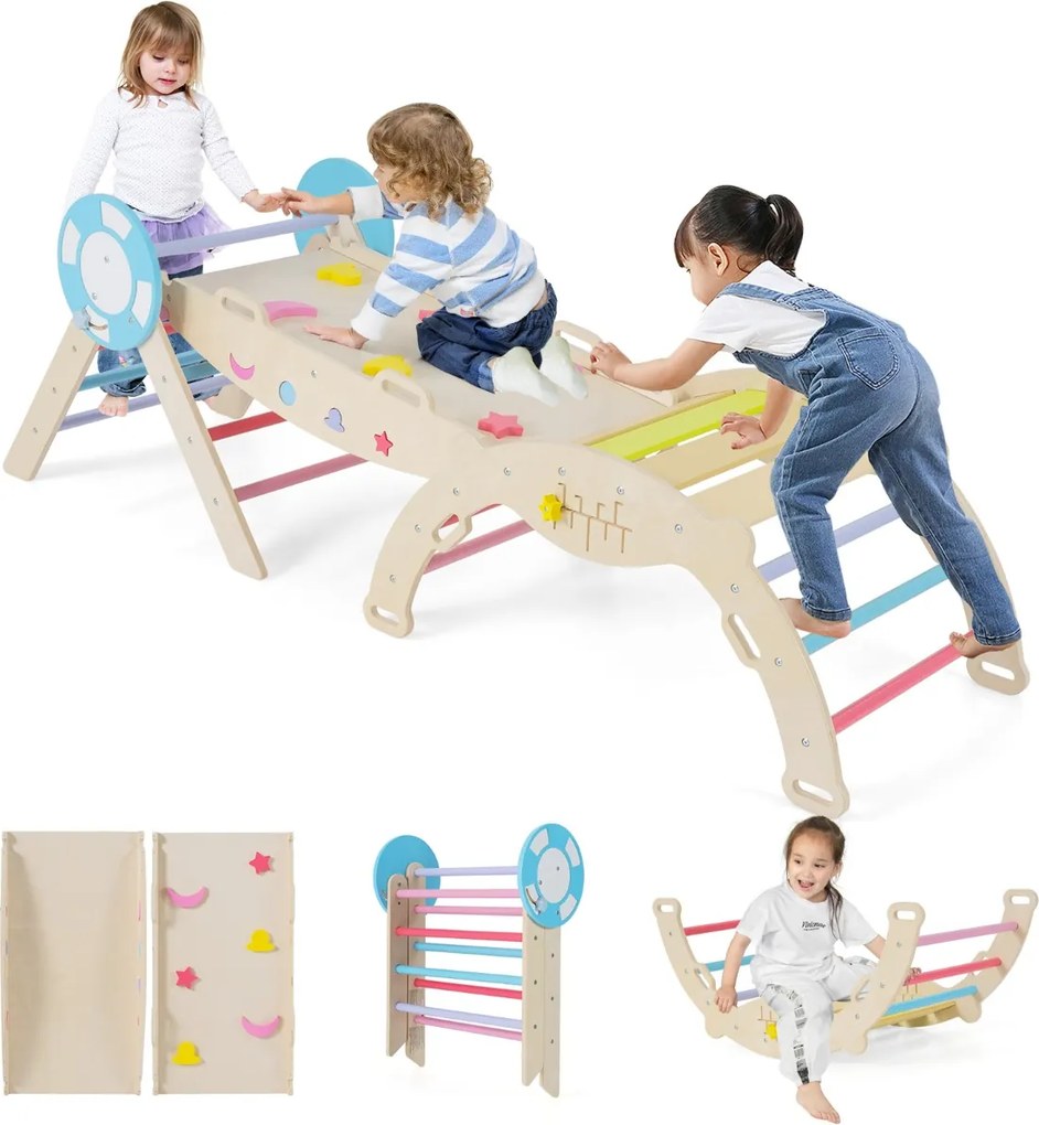 Conjunto triangular 8 em 1 de escalada para bebés com rampa, escada e arco de escalada Montessori de madeira Multicolor