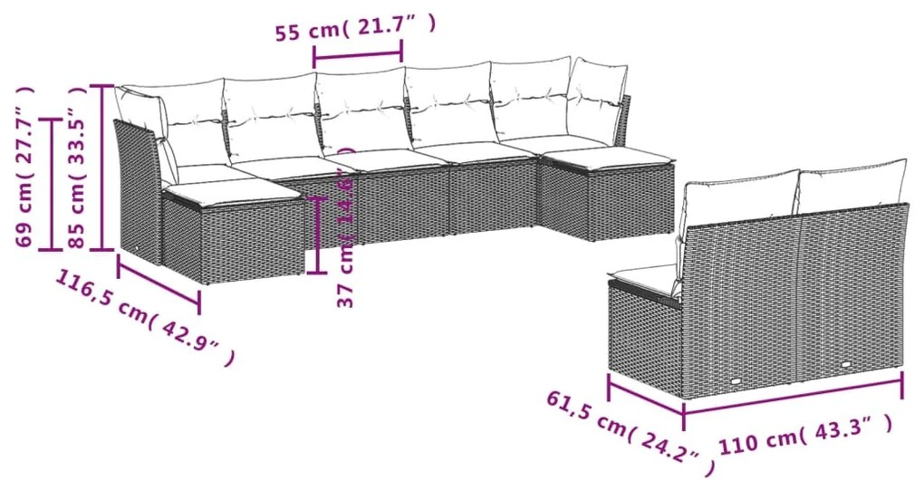 9 pcs conjunto de sofás p/ jardim com almofadões vime PE bege