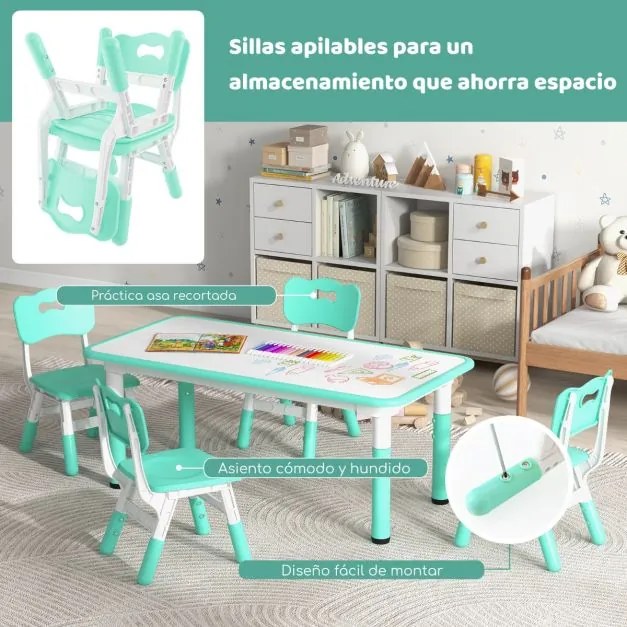 Conjunto de mesa para crianças e 4 cadeiras mesa regulável em altura com superfície de graffiti multifunções para arte e estudo Verde