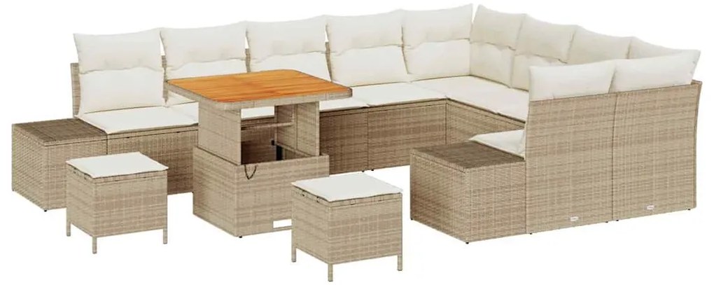 Conjunto de sofá de jardim de 12 peças com almofadas bege, feito de po