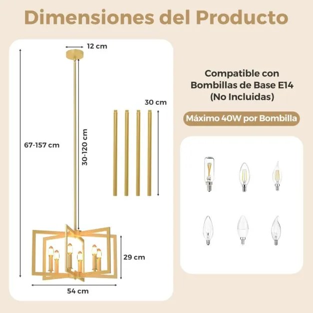 Candeeiro teto rústico de 6 luzes 54 x 54 x 67-157 cm com design geométrico, altura ajustável e metal industrial dourada