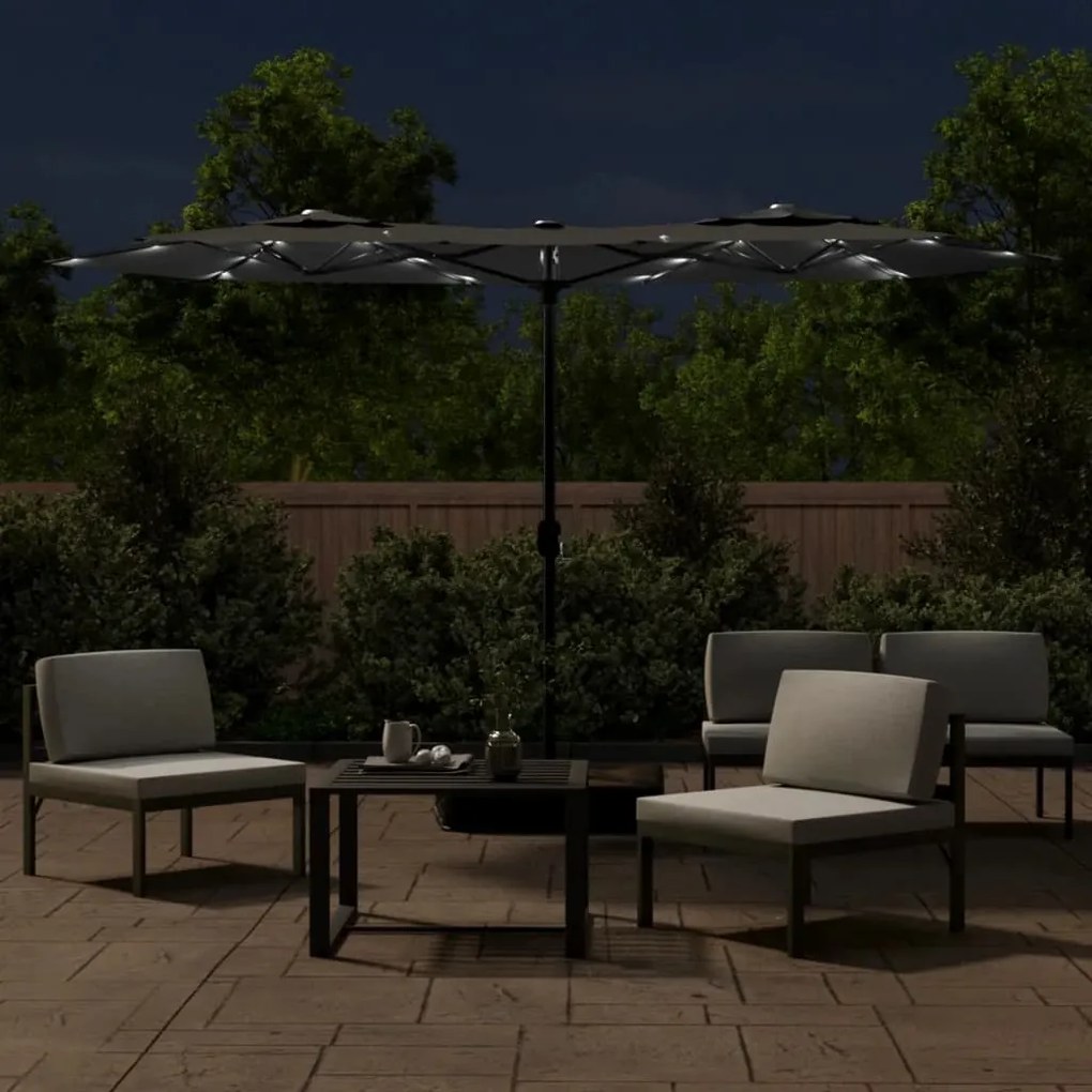 Guarda-sol jardim c/ cabeça dupla/luzes LED 316x240cm antracite