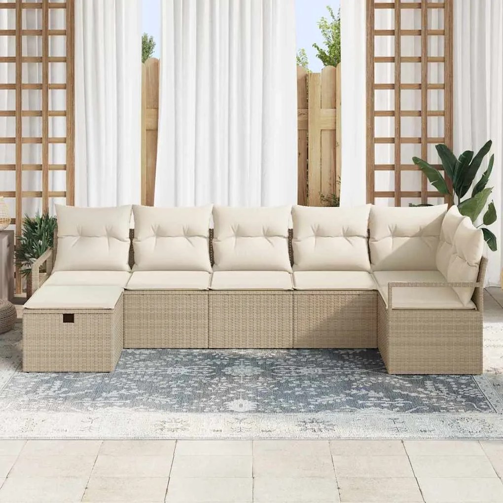 Conjunto de Sofá de Jardim vidaXL de 7 Peças com Almofadas Bege Rattan