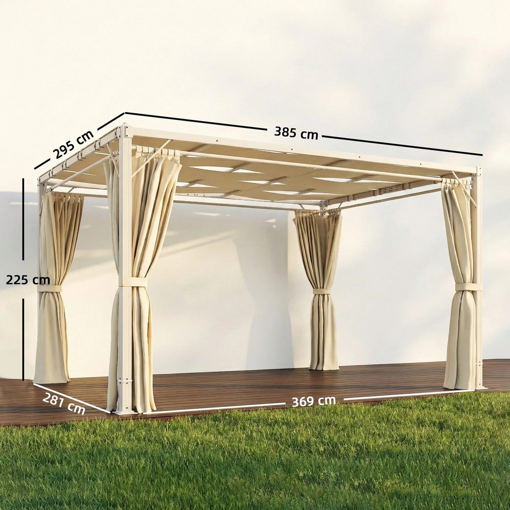 Pérgola de Jardim 385x295x225 cm com Teto Ondulado 4 Cortinas Removíveis Proteção UPF50+ e Estrutura de Aço Bege