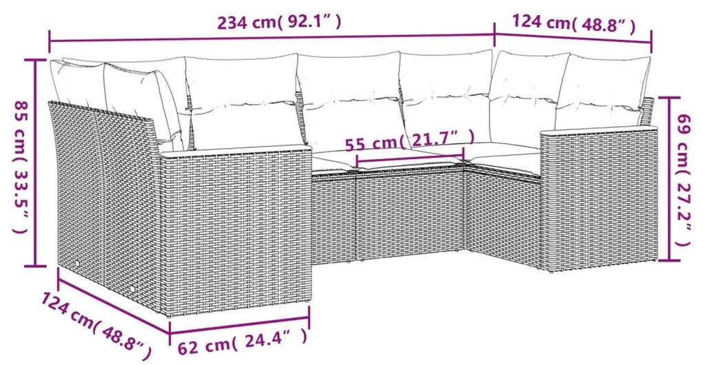 6 pcs conjunto sofás de jardim com almofadões vime cinzento