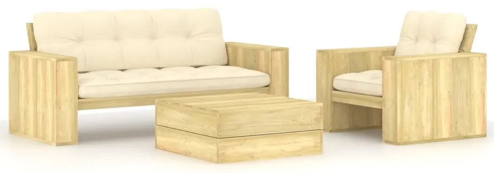 vidaXL 3 pcs conjunto lounge de jardim com almofadões pinho impregnado