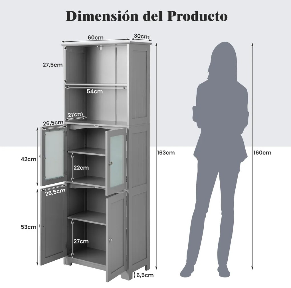 Móvel de Casa de Banho ou cozinha com 2 portas de gaveta, portas reguláveis, armário independente para sala, quarto, cozinha, 60 x 30 x 163 cm Cinzent