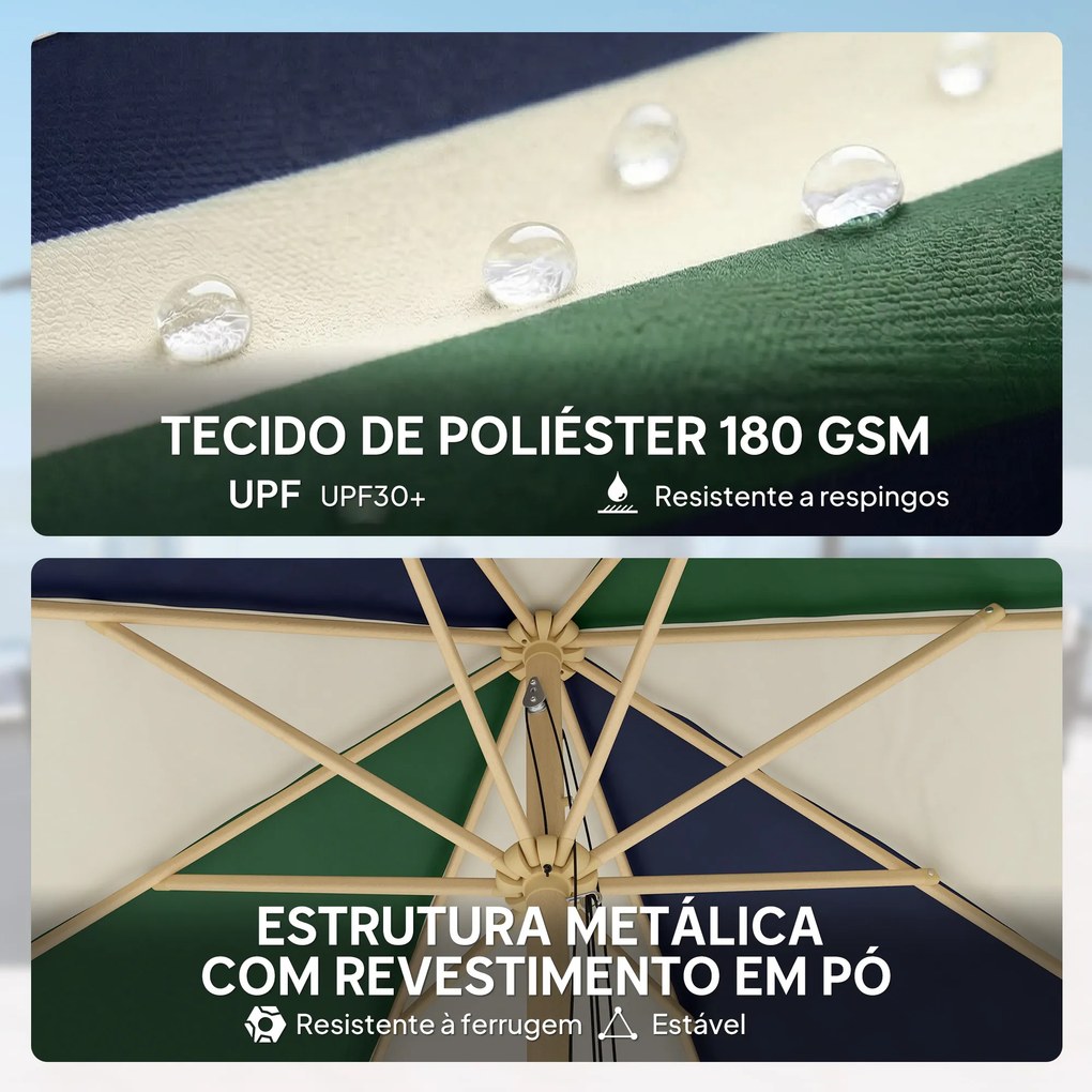 Guarda-sol de Jardim com Corda Proteção Solar UPF30+ Estilo Retrô Efeito Madeira com Babados Inclinável Ø226 cm Creme e Verde
