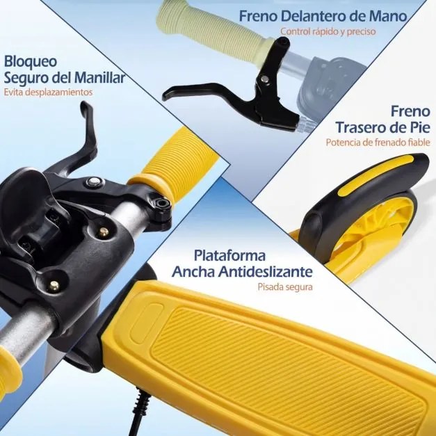 Trotinete dobrável para crianças +6 anos 2 rodas iluminadas com Guiador ajustável em 3 alturas Plataforma antiderrapante Amarela
