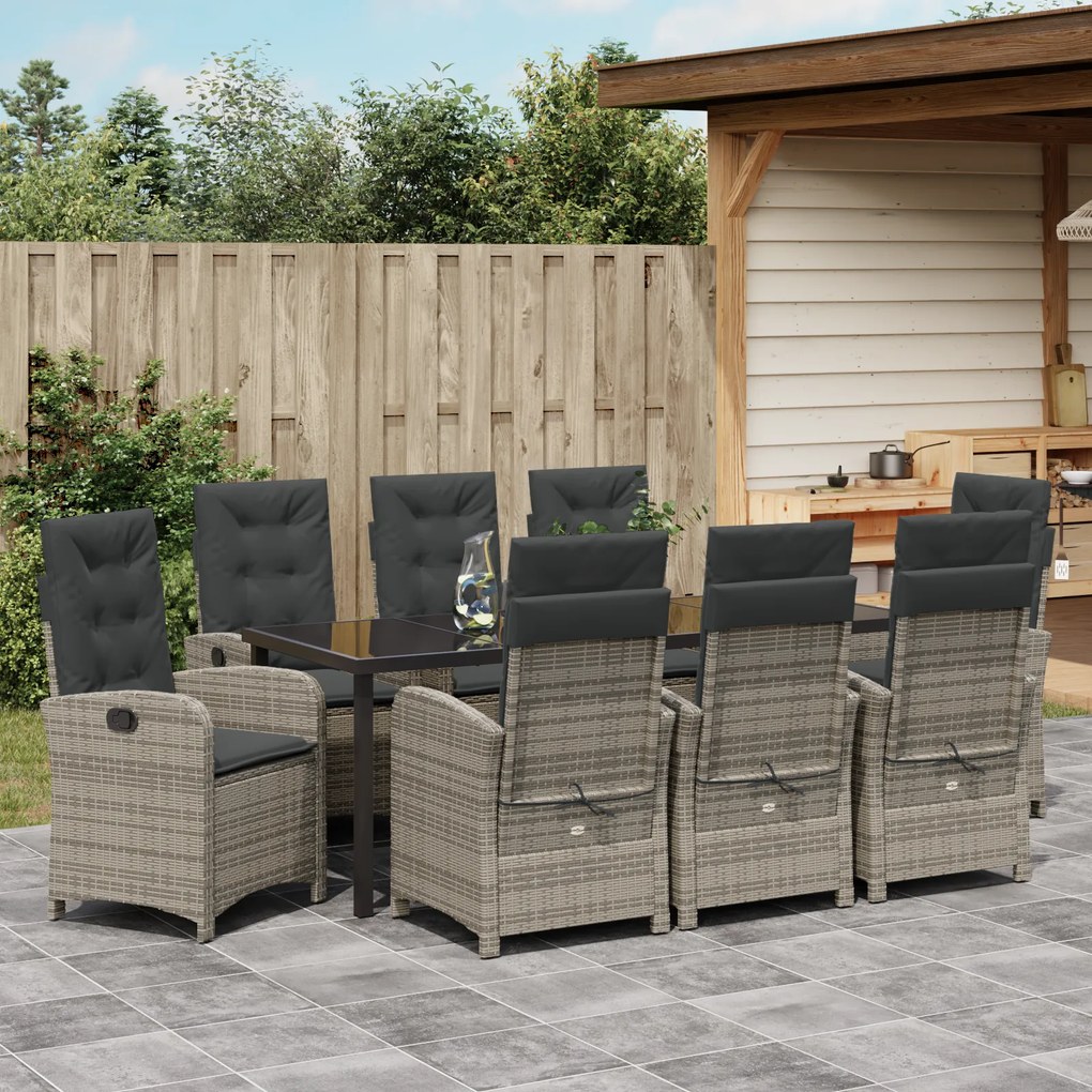 Conjunto de Jantar de Jardim 9 Peças com Almofadas Cinzas de Rattan Po