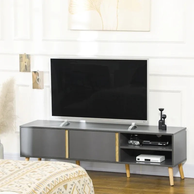 Móvel de TV para televisores até 55 polegadas, estilo escandinavo, com 2 portas e 2 nichos, com passadores de cabos, 150 x 35 x 45 cm, cinzento escuro