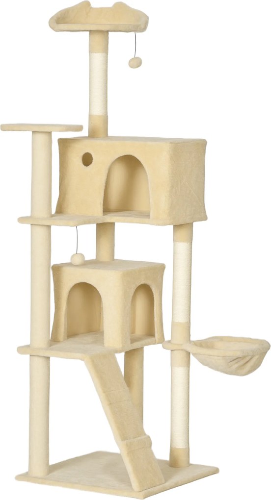 PawHut Arranhador para Gatos com Múltiplas Plataformas Cama 2 Cavernas Rede Escada Postes de Sisal 56x56x180 cm Bege | Aosom Portugal