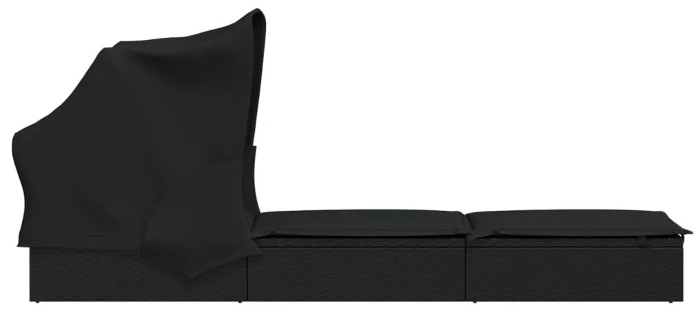 Espreguiçadeira c/ teto dobrável 213x63x97 cm vime PE preto