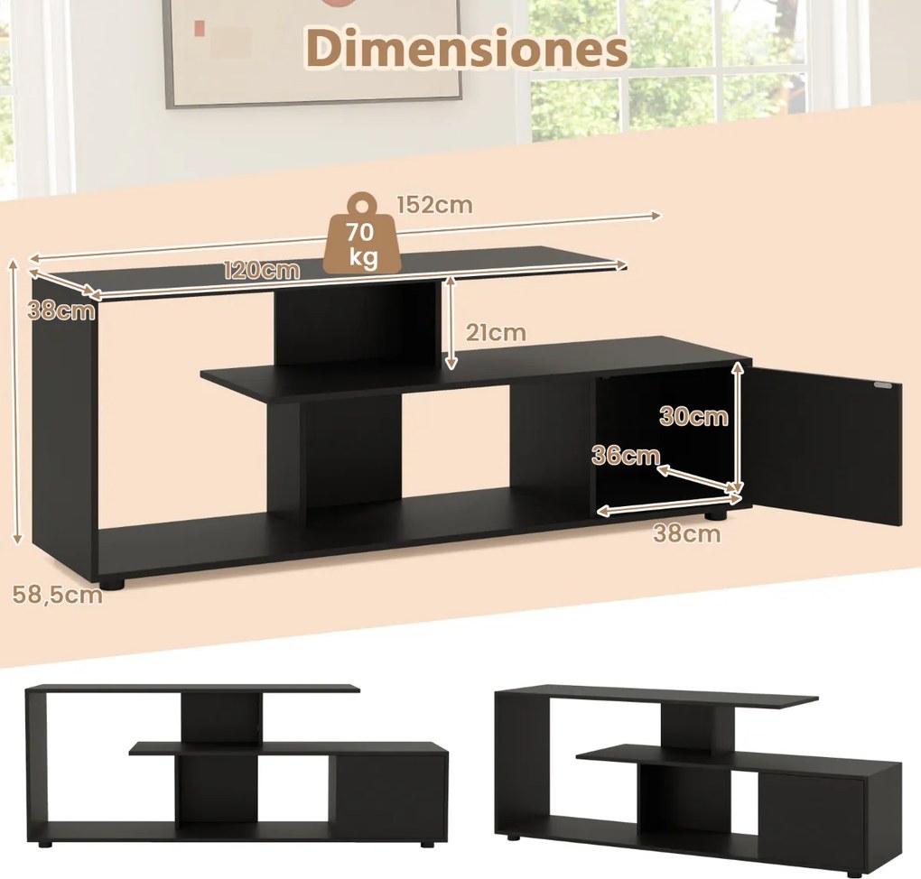 Móvel de TV até 55'' assimétrico com 3 prateleiras para sala de estar Preto