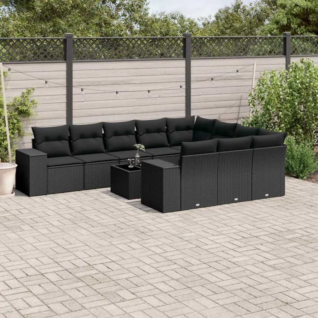 11 pcs conjunto sofás de jardim c/ almofadões vime PE preto