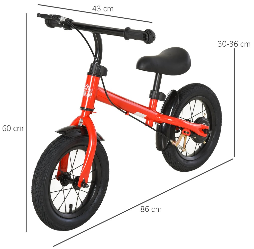 HOMCOM Bicicleta sem Pedais com Altura Ajustável Pneus de Borracha Insufláveis para Crianças acima de 3 Anos Assento Acolchoado Bicicleta de Equilíbrio 86x43x60 cm Vermelho