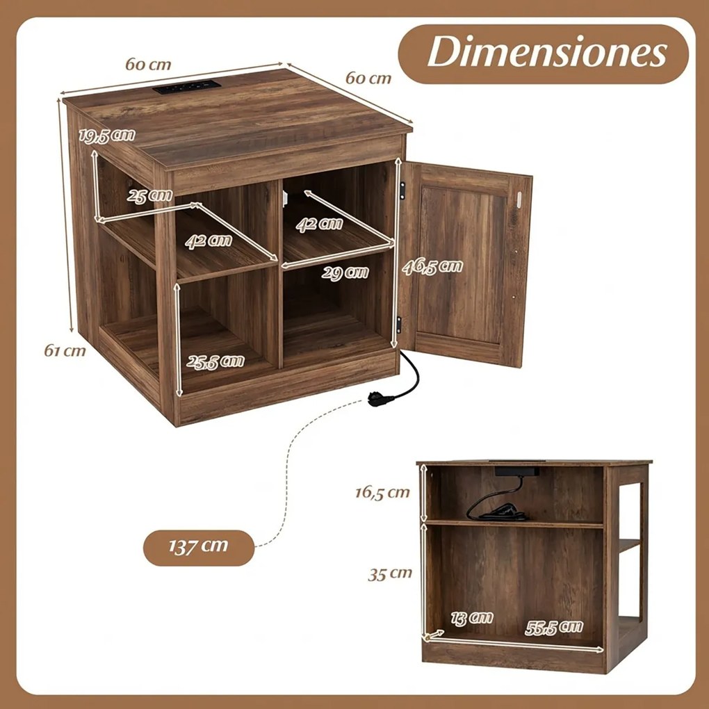 Mesa apoio, mesa cabeçeira Rústica 60 x 60 x 61 cm com Estação de Carregamento, com Porta Deslizante para Quarto e Sala cor Carvalho rústico