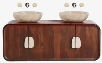 Conjunto De Móvel De Casa De Banho Dupla Suspensa 130x45 Cm Em Madeira De Manga E Pedra Natural Kivalina Travertino - Madeira De Mangueira Escura & -