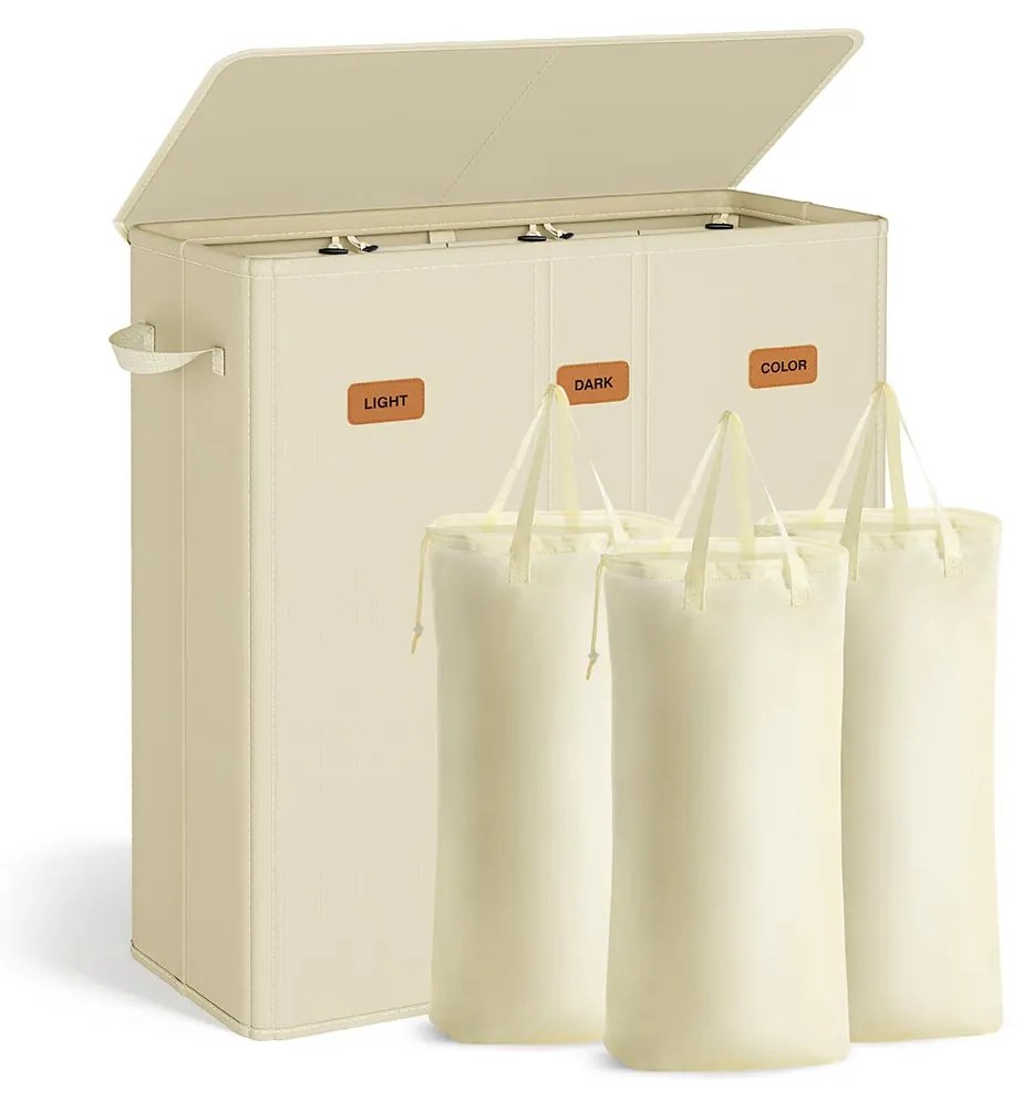 Cesto para roupa suja com três compartimentos (160L) 64 x 33 x 75 cm Creme