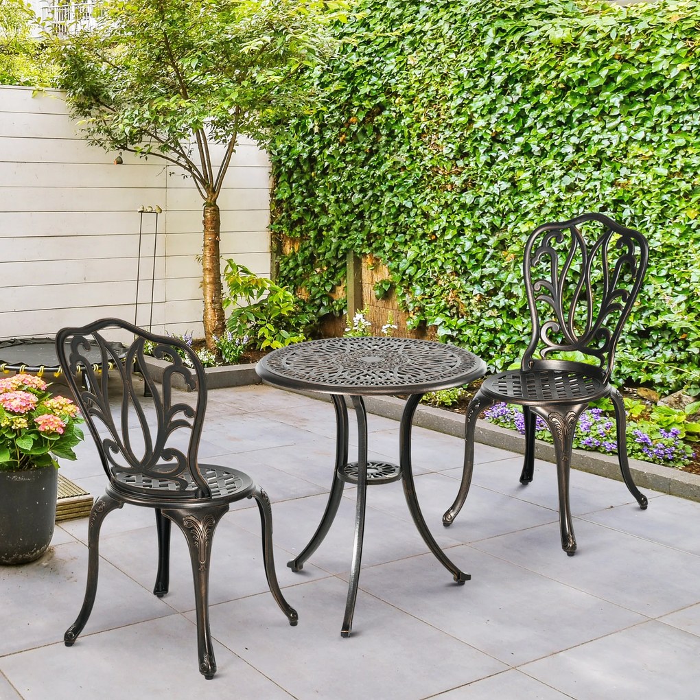 Conjunto de jardim de 2 lugares com 2 cadeiras + mesa redonda em estilo retro, em alumínio fundido e bronze