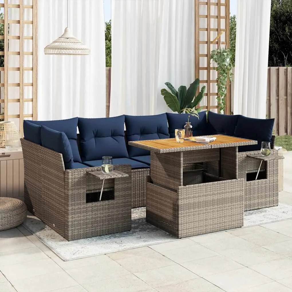 7 pcs conjunto sofás p/ jardim c/ almofadões vime PE cinzento