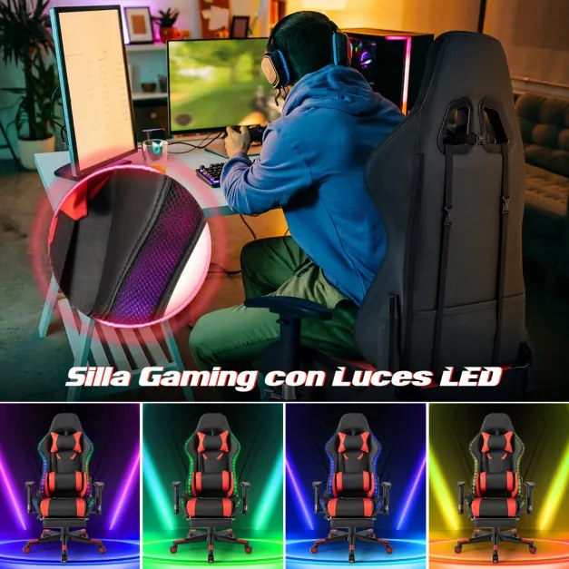 Cadeira Gamer com luzes LED RGB giratória ergonômica com apoio de braço de altura ajustável Suporte de mesa retrátil Vermelha