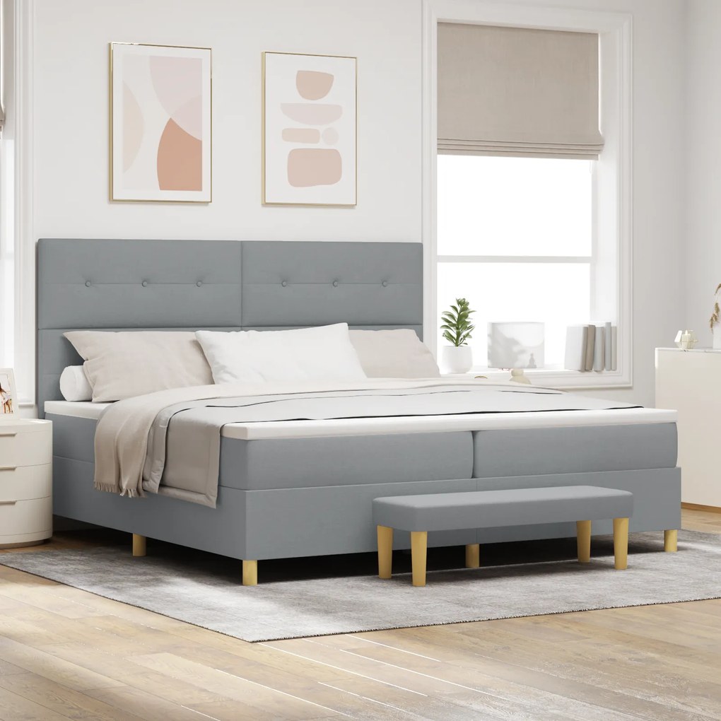 Cama Box Spring com Colchão e Banco Cinzento Claro 200x200 cm de Tecido