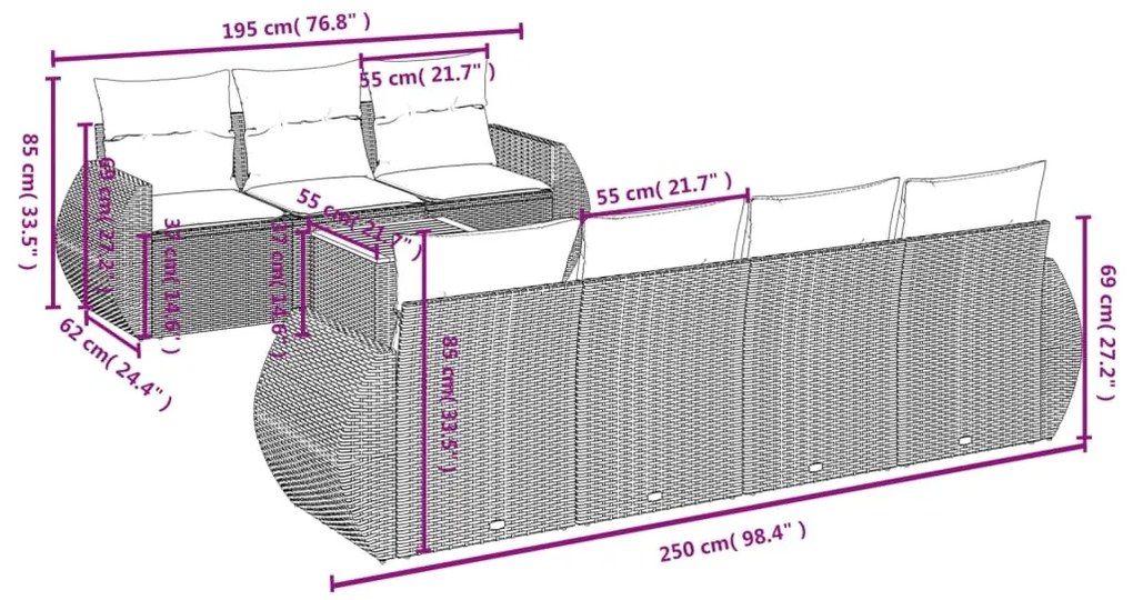 8 pcs conjunto sofás de jardim com almofadões vime PE preto
