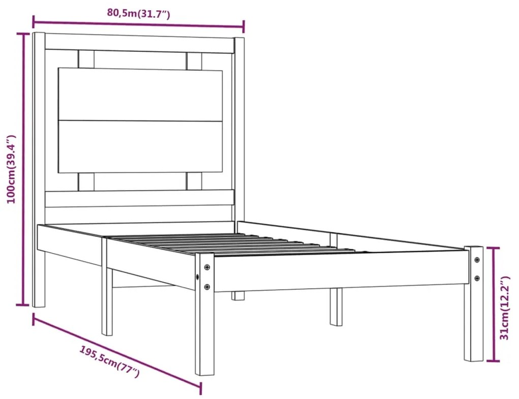 Estrutura cama pequena solteiro 75x190 cm madeira maciça preto