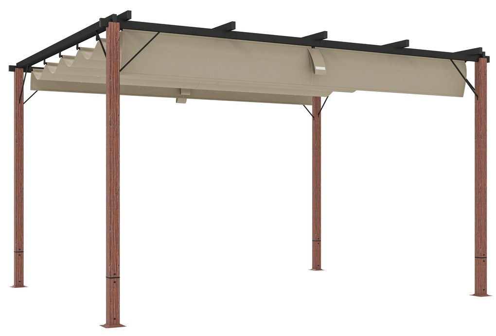 Outsunny Pérgola com Teto Retráti Pérgola de Aluminio 382x300x232 cm com Toldo de Poliéster Anti-UV Pérgola de Jardim Bege e Madeira | Aosom Portugal