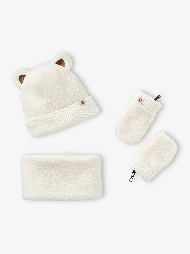 Conjunto "Bear Mood" para bebé com gorro + gola snood + luvas, em sherpa cru