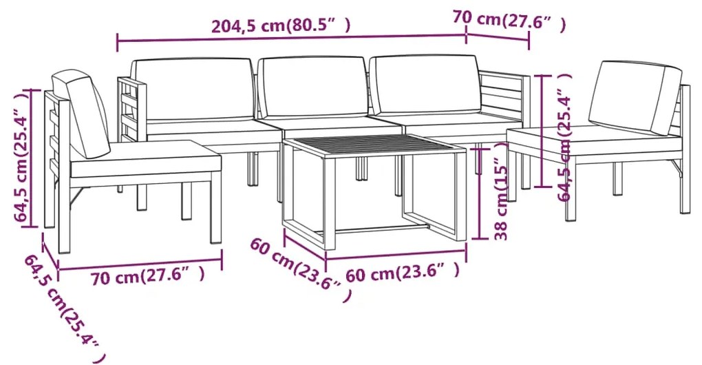 6 pcs conjunto lounge jardim com almofadões alumínio antracite