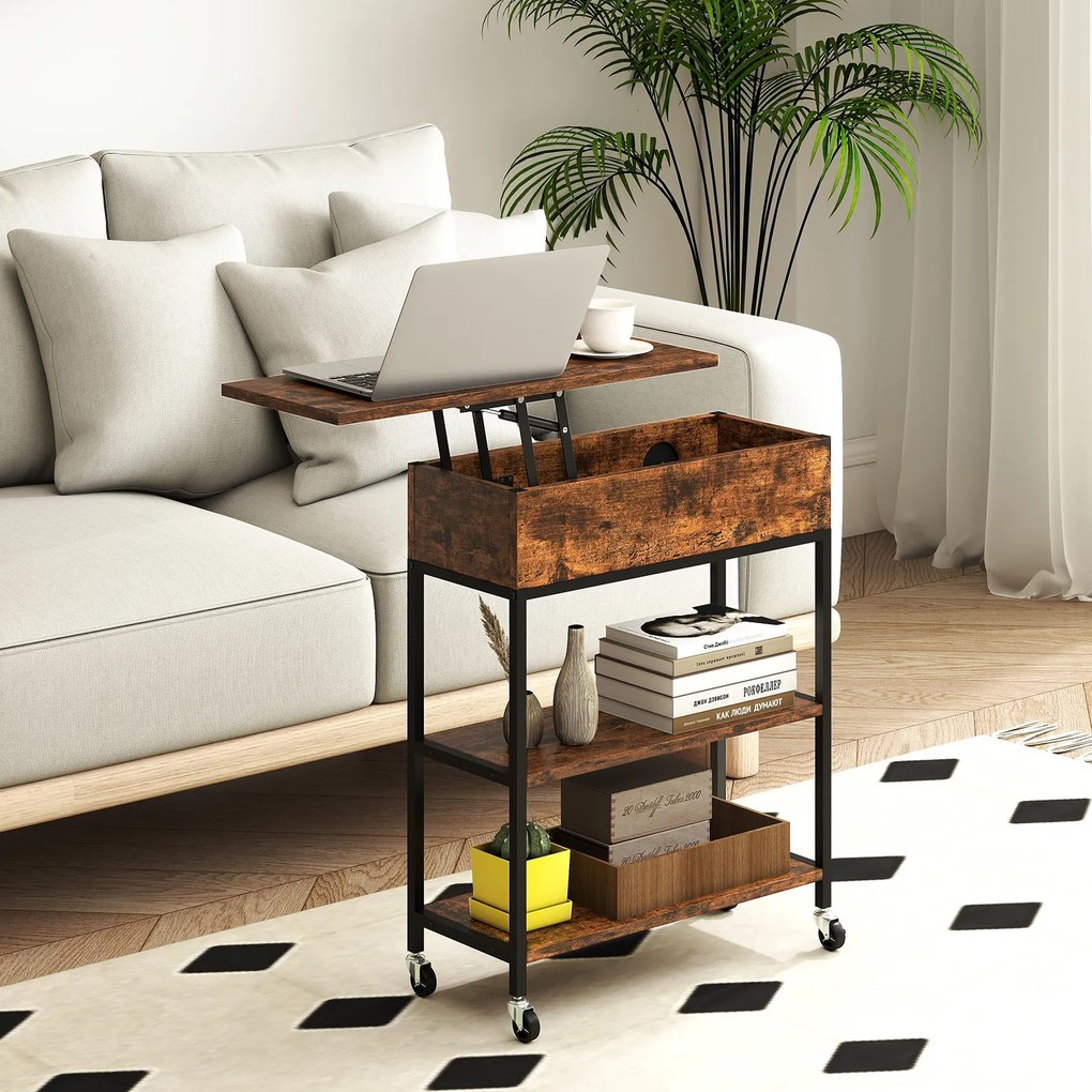 Mesa apoio com tampo elevável, estação de carregamento 60 x 24 x 67,5 cm, rodas, compartimento oculto, estantes abertos, mesa de cabeceira móvel em ca