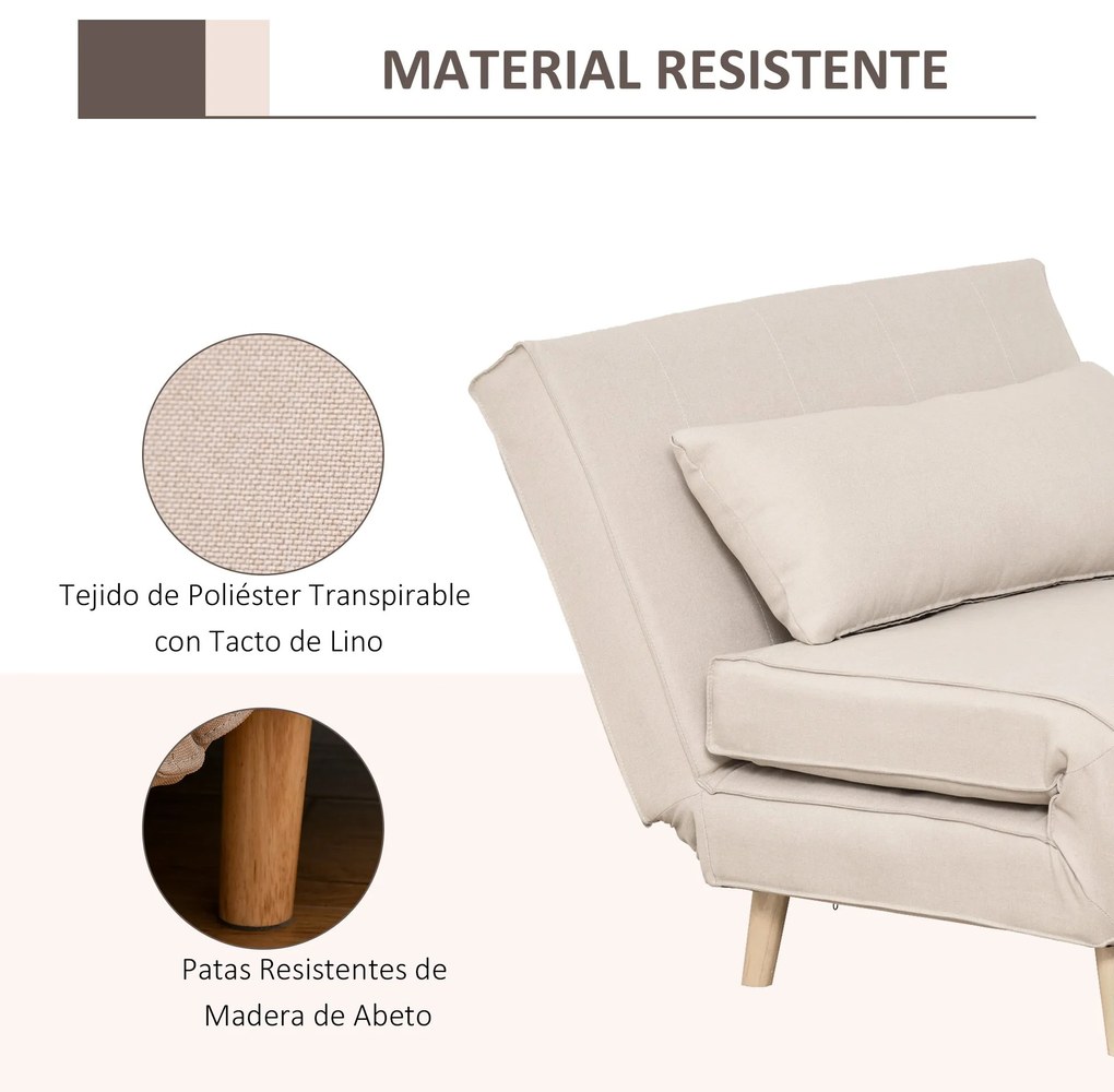 Sofá-cama estofado individual com almofada acolchoada e encosto ajustá