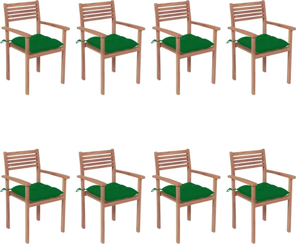 vidaXL Cadeiras de jardim empilháveis c/ almofadões 8 pcs teca maciça