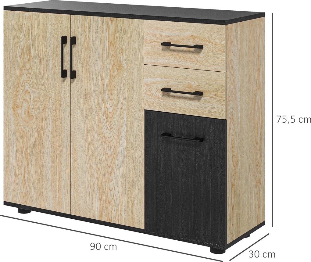 Aparador Estreito de Sala com 2 Portas, 2 Gavetas e Prateleira Ajustável 90x30x75,5 cm Natural e Preto