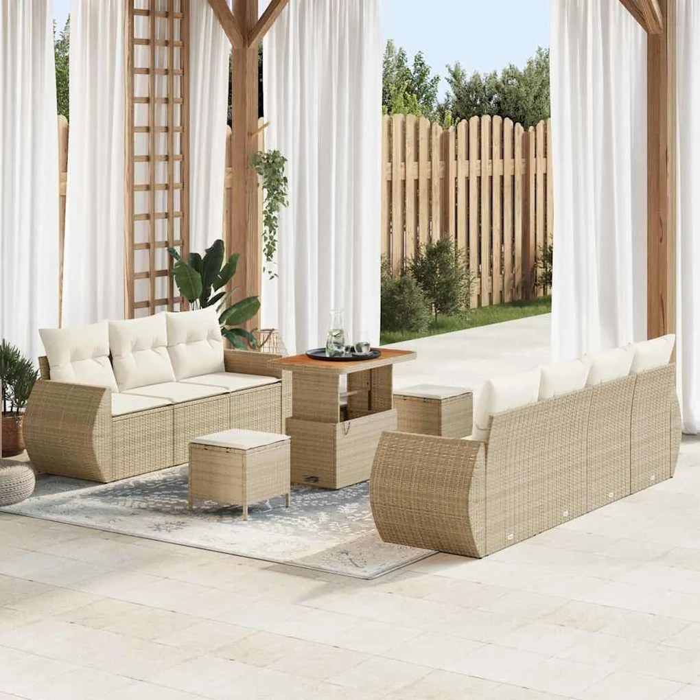 Conjunto de Sofá de Jardim vidaXL 10 Peças com Almofadas Beige Poli Rattan Acácia
