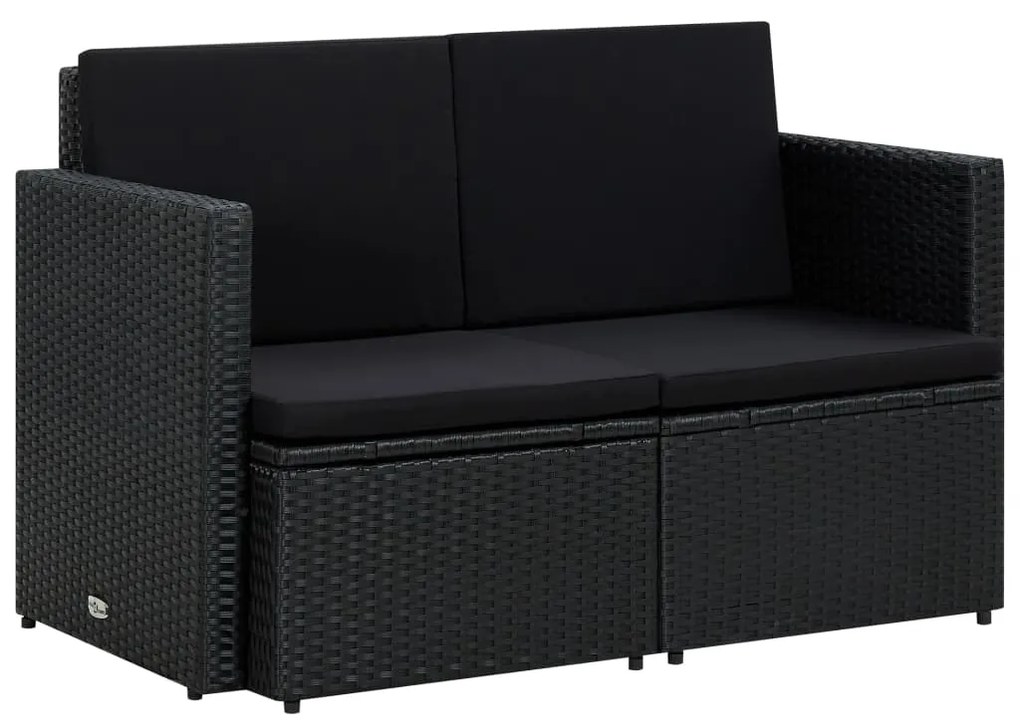 vidaXL Sofá de jardim 2 lugares com almofadões vime PE preto