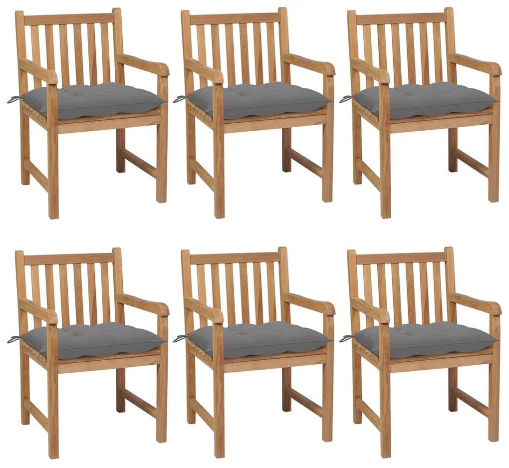 vidaXL Cadeiras de jardim c/ almofadões cinzentos 6 pcs teca maciça